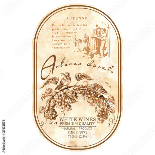 An elegant wine label featuring grapevines, birds and winemakers. Warm autumnal tones and a sophisticated font create an atmosphere of traditional winemaking and premium quality.