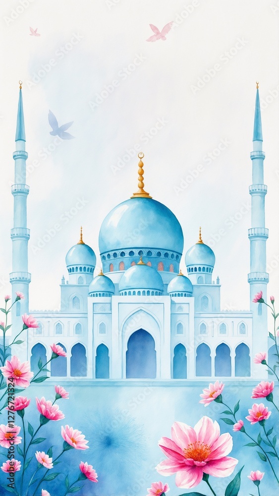 Obraz premium Watercolor Illustration of dreamy mosque in blue pink pastel colors with flowers birds transluscent ethereal ramadan kareem eid mubarak greeting card blank design template wallpaper background