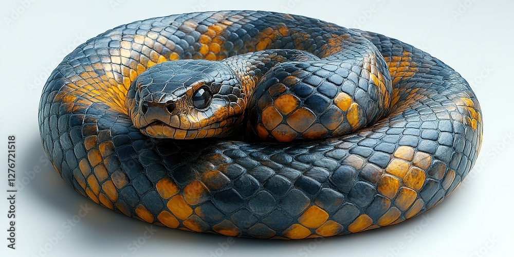 Fototapeta premium Vibrant snake resting in a coiled position, showcasing intricate scales and colors in a calming environment
