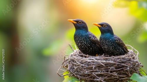 With a sunset in the background, a black bird perches on a nest that rests on a rock