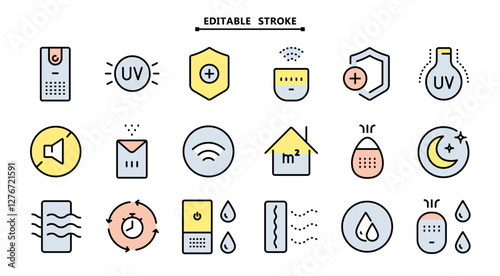Air purifier and humidifier machine icon sets. Editable stroke. Home device for air purification filtering. Home climate. Moisture content. Simple Air Humidifier icon