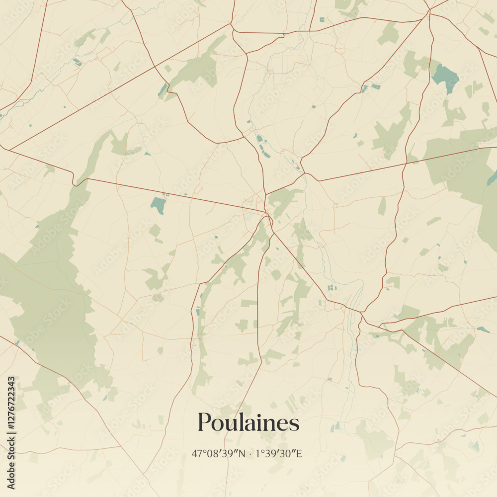 Fototapeta premium Vintage map of Poulaines, France.