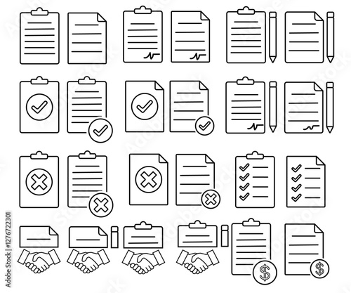 Contract and agreement icons set, business document symbols, legal paperwork collection, official approval and rejection signs, vector illustration.