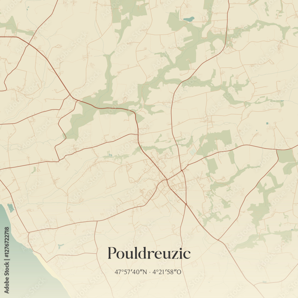 Fototapeta premium Vintage map of Pouldreuzic, France.