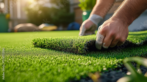 Installing lush artificial grass for a pristine lawn. Eco-friendly landscaping solution enhances outdoor aesthetics with low-maintenance benefits.