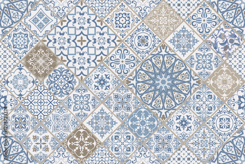 Seamless colorful patchwork. Hand drawn background. Azulejos tiles patchwork. Traditional ornate Portuguese and Spanish decorative tiles azulejos. Abstract background. Ceramic tiles. Vector