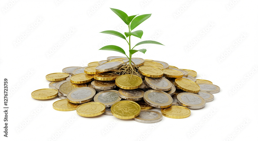 A small plant sprouting from a pile of money, potentially representing green finance or ethical investment A small plant sprouting from a pile of money, potentially representing green finance or ethical investment