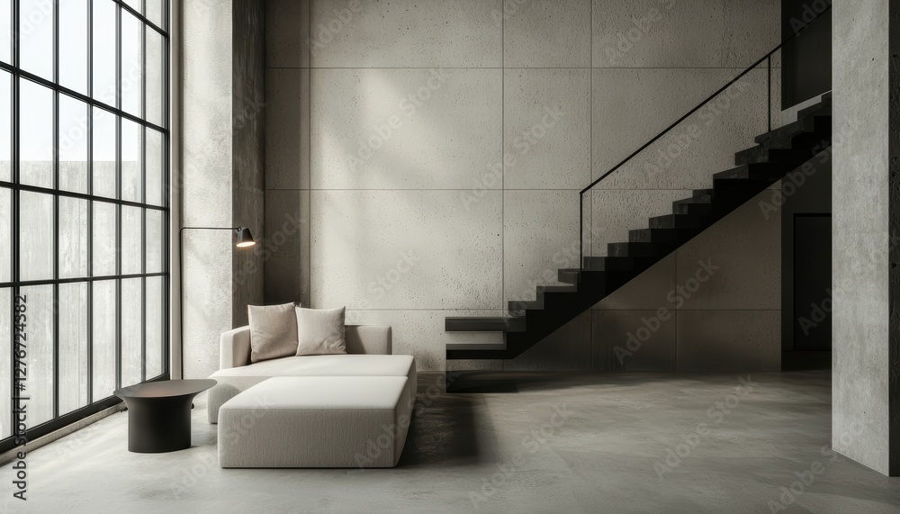 Obraz premium Minimalist loft apartment with high ceilings, industrial-style windows, neutral furniture, and open spacious layout