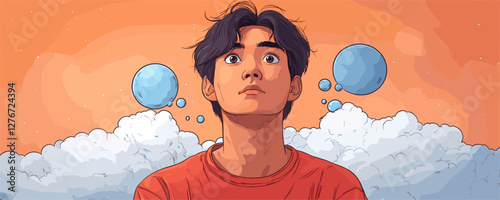 Young man in red shirt with dreamy expression amidst clouds and blue bubbles on orange background. Vector