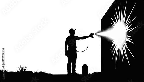 Graffiti artist creating street art against blank wall