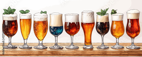 Assorted craft beers in glasses with unique foam heads on wooden bar surface. Vector