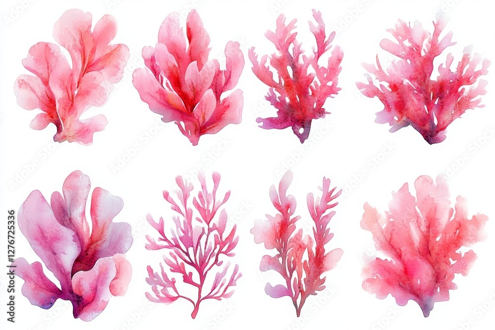 Fototapeta premium Modern watercolor illustrations of seaweed and corals, set against a white backdrop. Perfect for sea-themed design elements and decorating water-related recreational areas, parks, and beaches