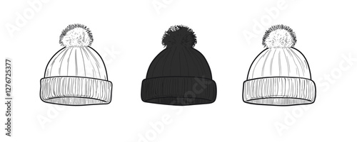 Three illustrated knit beanies with pom-poms in black and white on white background. Vector