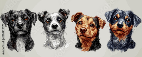 Portrait of four dogs in monochrome and color, displaying various expressions of curiosity and alertness. Vector
