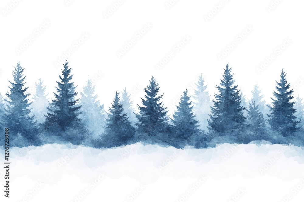 Fototapeta premium A hand-drawn watercolor illustration of a winter spruce forest, featuring snow-covered spruces, isolated on a white background. Winter landscape