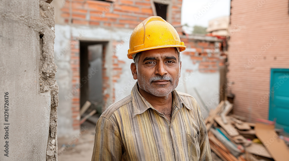 Construction worker with yellow hardhat, serious expression. Construction site. A project in progress with scattered wood and brick building behind him. Construction worker with yellow hardhat, serious expression. Construction site. A project in progress with scattered wood and brick building behind him.