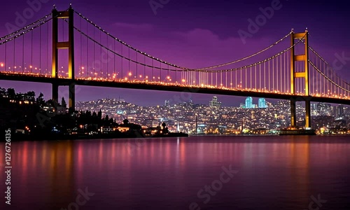 Istanbul A bridge spans a river in a city at night. The bridge is illuminated with lights, creating a beautiful and serene atmosphere. The city below is bustling with activity