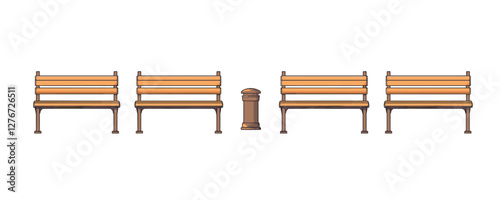 Four wooden benches and bollard in park setting on white background. Vector