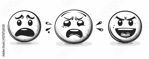 Three cartoon faces showing different emotions: shock, fear, anger with expressive features. Vector