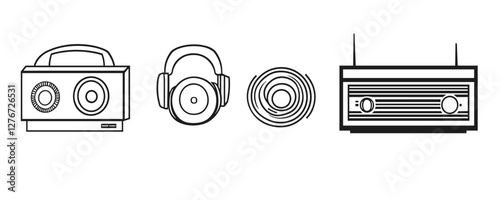 Retro audio devices: vintage radio, headphones, tape, and classic icons in black and white line art. Vector