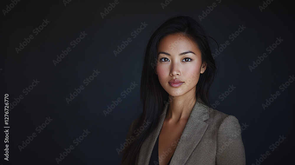 Portrait of a young professional woman. She is wearing a textured jacket. Her dark hair is styled loosely around her face against a dark background. Portrait of a young professional woman. She is wearing a textured jacket. Her dark hair is styled loosely around her face against a dark background.