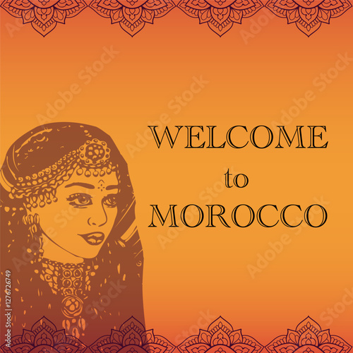 Welcome to Morocco template with bedouine woman in traditional dress and ornamental border, on orange desert background