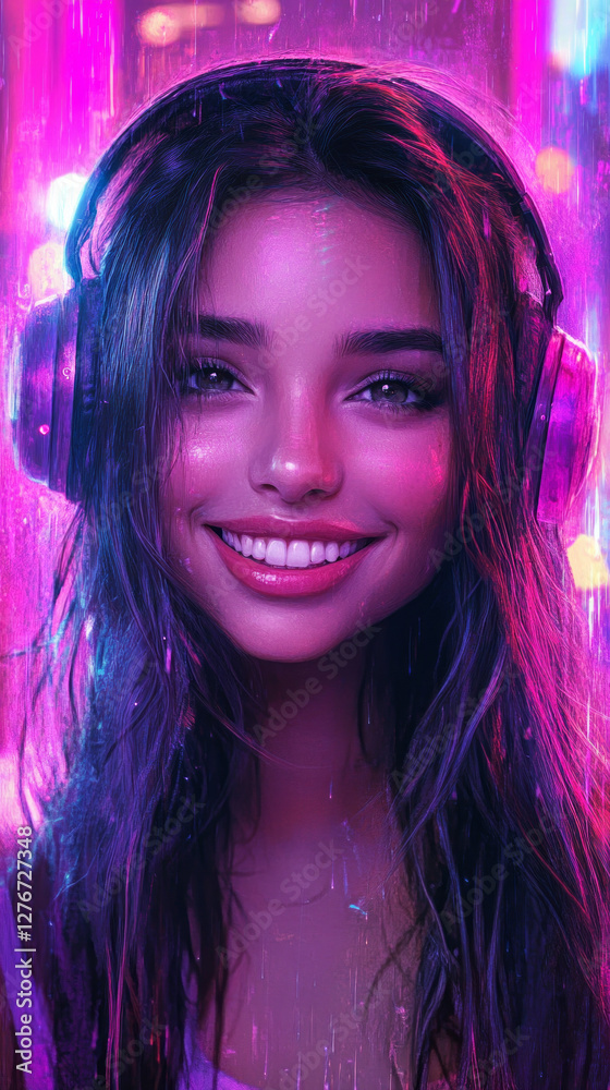 Fototapeta premium A sleek and dynamic portrait of an Arabian girl with headphones, bathed in neon lights, blending a futuristic digital style with youthful energy and innovation