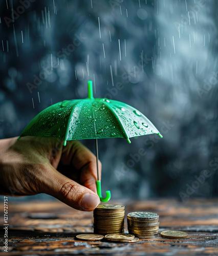 Close-up of hand holding green umbrella shielding stacks of coins representing financial protection and economic security. Man holding green umbrella protecting stacks of coins