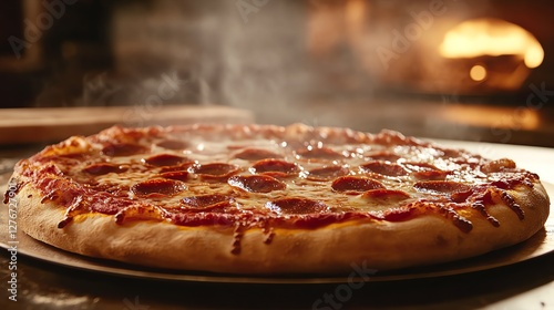 Hot, steamy pepperoni pizza fresh from the oven.