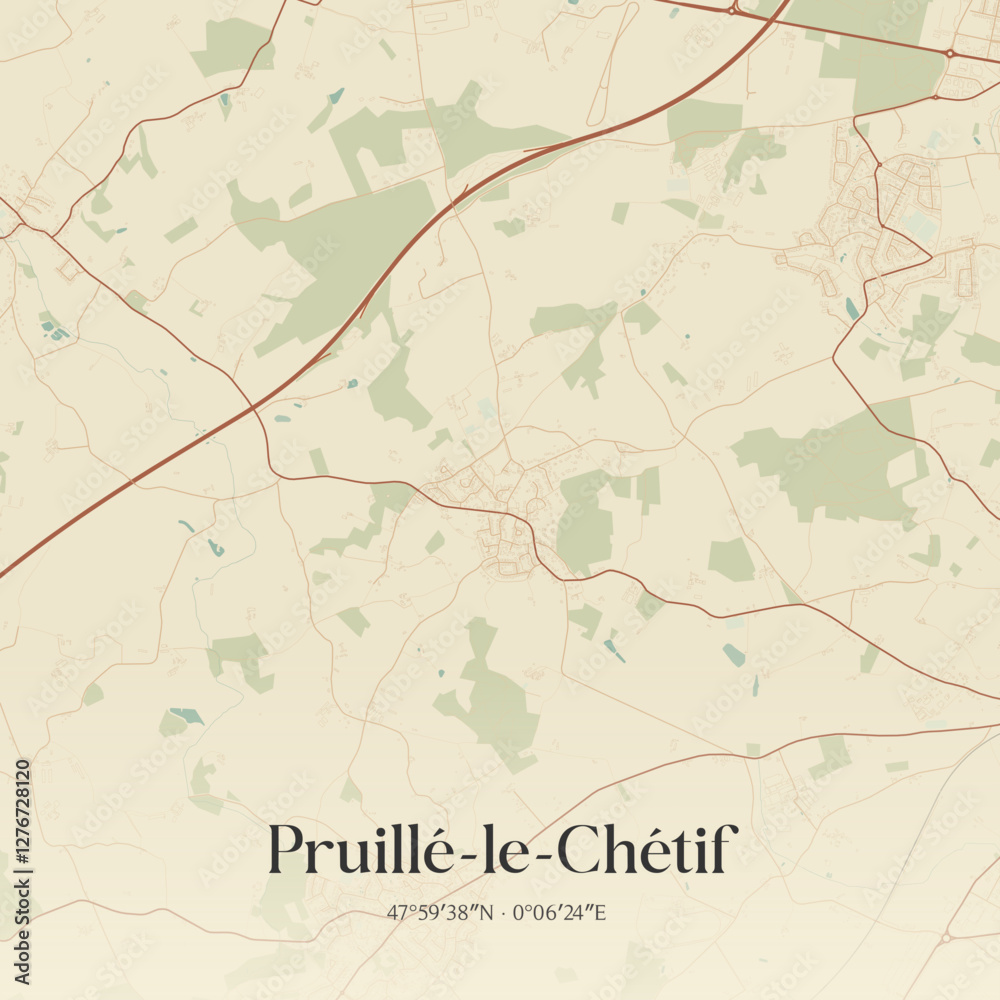 Fototapeta premium Vintage map of Pruillé-le-Chétif, France.