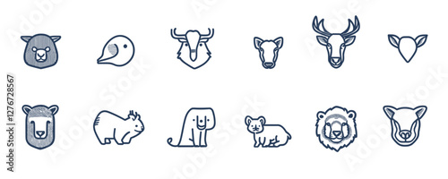 Set of stylized animal icons, featuring deer, bear, lion, and more in minimalist design. Vector