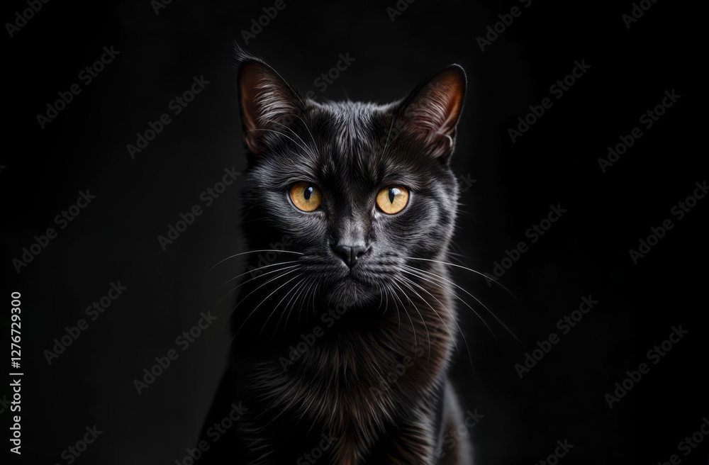 Black cat with striking yellow eyes poses elegantly against a dark background highlighting its features and personality Black cat with striking yellow eyes poses elegantly against a dark background highlighting its features and personality