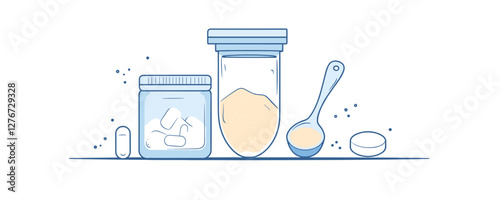 Assorted collagen supplements in jars and spoon on white background. Vector