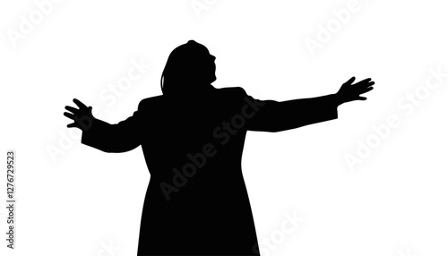 Person expressing joy with open arms against white background