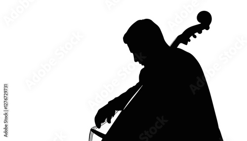 Silhouette of a musician playing cello against a white background