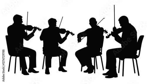 Four musicians playing violins in silhouette