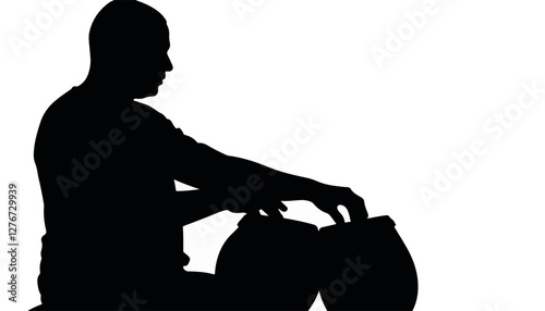 Silhouette of a man playing conga drums against a white background