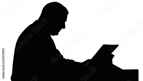 Silhouette of a man reading a document against a white background