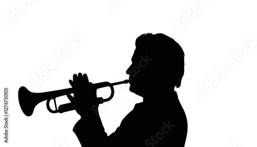Silhouette of a man playing trumpet against a white background