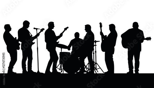 Silhouettes of a band playing music on a white background
