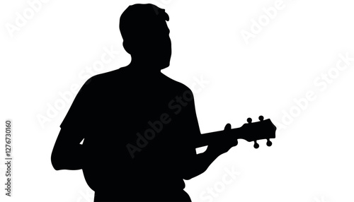 Silhouette of a person playing a ukulele against a white background