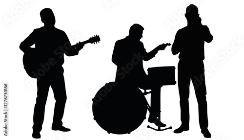 Silhouette band playing music with guitar, drums, and vocals