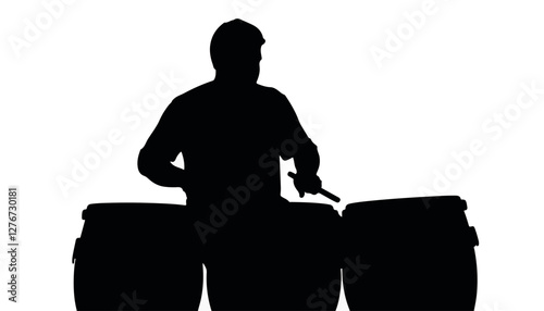 Silhouette of drummer playing congas against white background