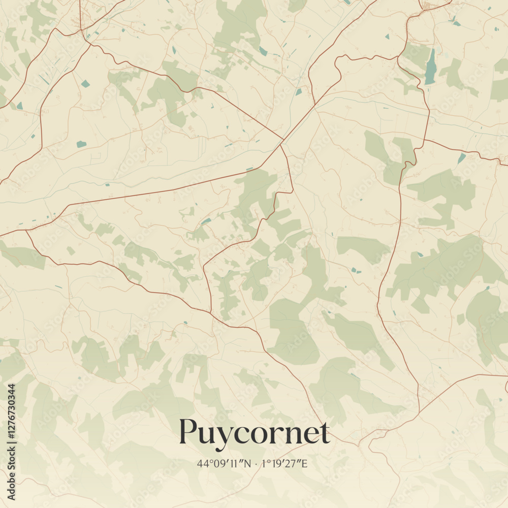 Fototapeta premium Vintage map of Puycornet, France.