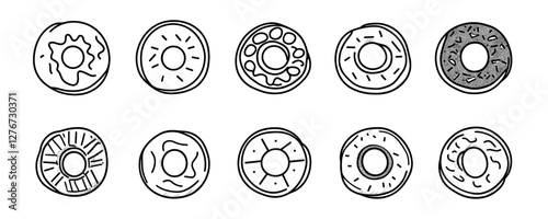 Assorted hand-drawn donuts with various decorative designs in black and white. Vector