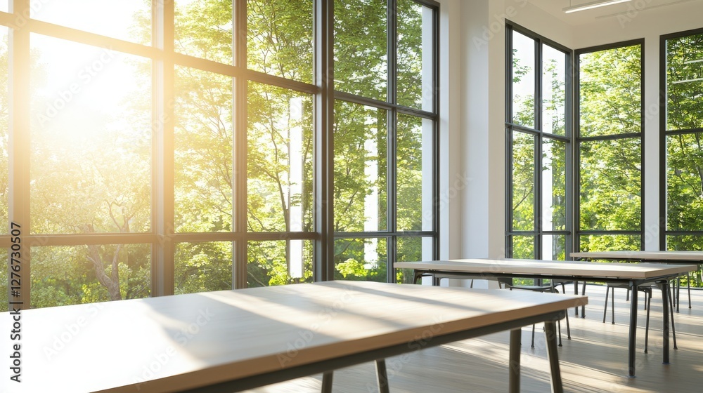 Fototapeta premium Sunlit Modern Office with Large Windows and Green View.