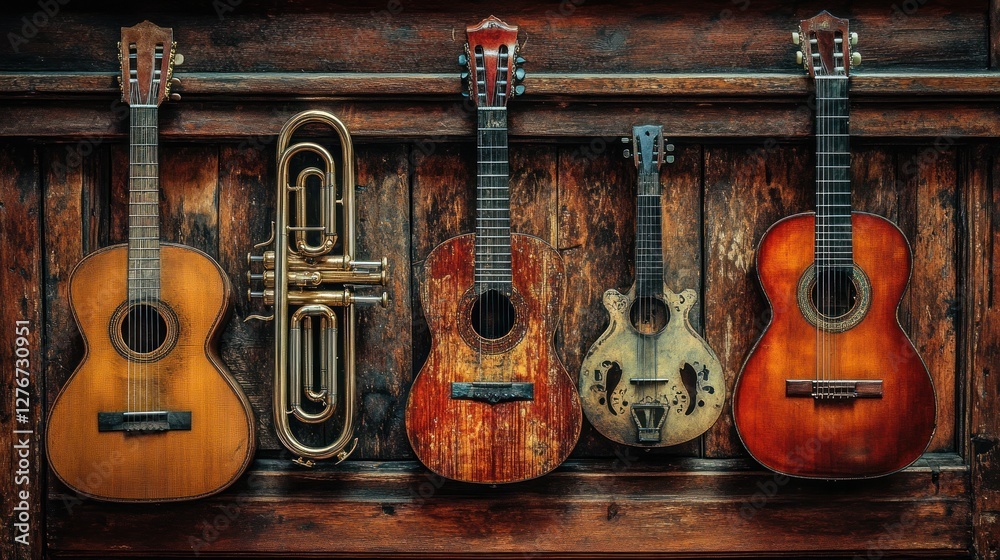 Naklejka premium Vintage guitars and trumpet on weathered wooden wall