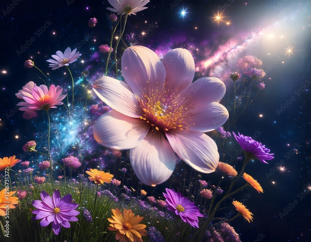 Large pink flower blooming in a celestial spring garden floating in space Large pink flower blooming in a celestial spring garden floating in space