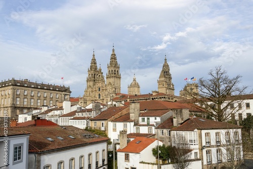 A scenic view of Santiago de Compostela cathedral and the old town