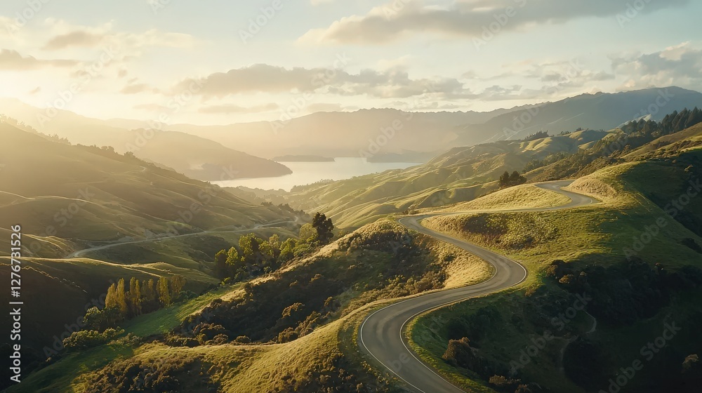 Fototapeta premium Scenic Winding Road Through Rolling Hills at Sunset